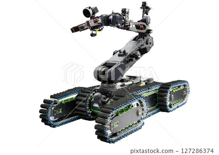 Bomb detection and disposal robot used for pyrotechnic operations and reconnaissance, chemical detection and rescue operations, manipulator with extendable arm. 127286374