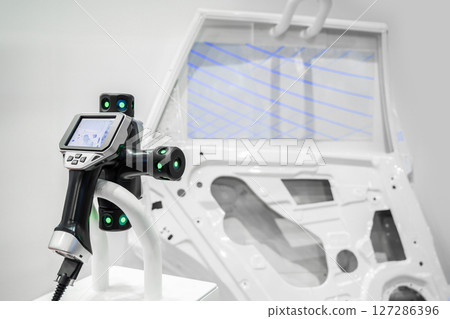 Close up touch probe of Automatic Coordinate measurement machine by CMM, Inspection dimension aluminum automotive parts by cnc programing control, high accuracy part verification. Close up touch probe of Automatic Coordinate measurement machine by CMM, Inspection dimension aluminum automotive parts by cnc programing control, high accuracy part verification. 127286396