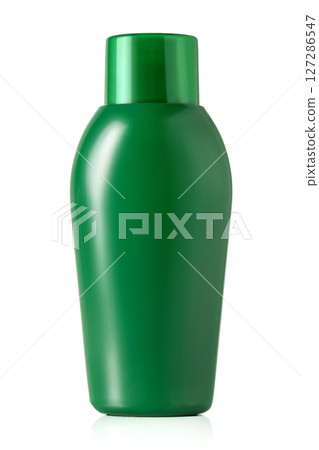 Green plastic shampoo bottle with closed cap isolated on white background with clipping path Green plastic shampoo bottle with closed cap isolated on white background with clipping path 127286547