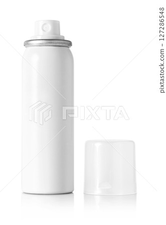 White aerosol spray can with open cap isolated on white background for packaging or product mockup design White aerosol spray can with open cap isolated on white background for packaging or product mockup design 127286548