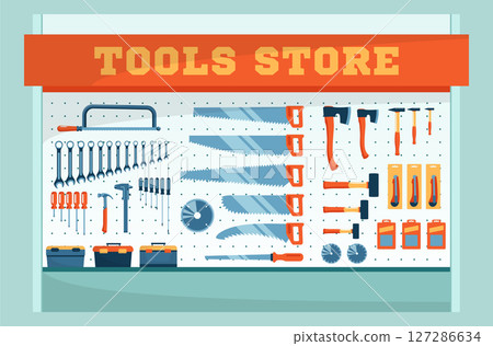 Cartoon Color Showcase with Hand Saws of Tool Store Assortment of Instrument and Tools Concept Flat Design Style. Vector illustration 127286634