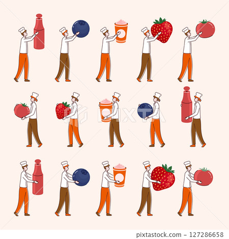 Cartoon Color Tiny Characters People Holding and Lifting Food Products Concept Flat Design Style. Vector illustration of Person and Ingredients 127286658