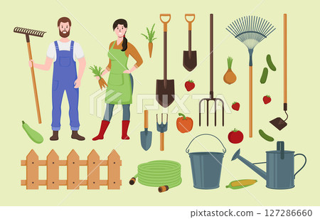 Cartoon Color Characters People Farmers and Equipment Concept Flat Design Style. Vector illustration of Vegetable, Bucket, Pitchfork and Fence 127286660