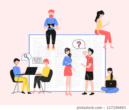 Cartoon Color Characters People and Read Everywhere Concept Flat Design Style and Line Elements. Vector illustration 127286663