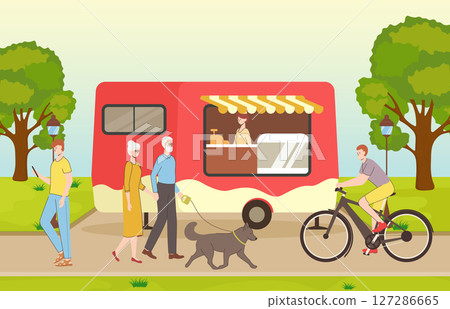 Cartoon Color Hotdog or Sandwich Street Food Cart in Park Concept Landscape Scene Flat Design Style. Vector illustration 127286665