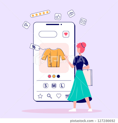 Cartoon Color Shopping Online Smartphone Application Concept with Girl Flat Design Style and Line Elements. Vector illustration Cartoon Color Shopping Online Smartphone Application Concept with Girl Flat Design Style and Line Elements. Vector illustration 127286692