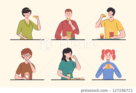 Cartoon Color Different Characters People Eating Chips, Popcorn and Pizza Concept Flat Design Style. Vector illustration 127286721