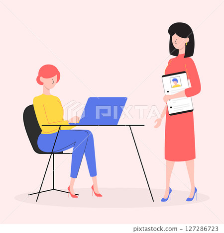Cartoon Color Characters Girl Working on Laptop and Hr Agency Interview Concept Flat Design Style and Line Elements. Vector illustration 127286723