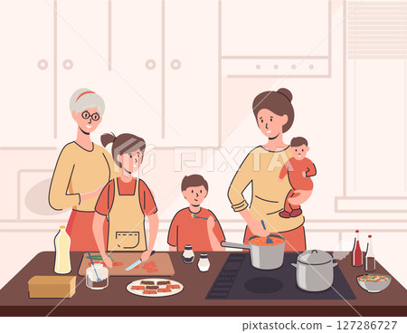 Cartoon Color Characters Grandma and Mother Cooking Together Children Concept. Vector illustration 127286727