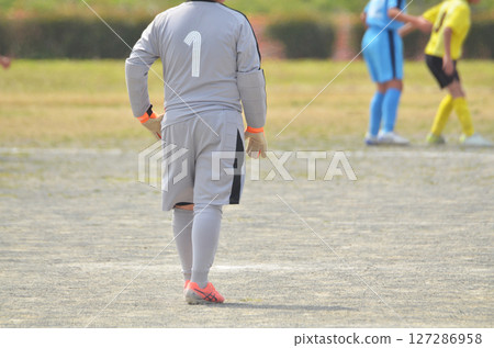 Youth soccer match (goalkeeper protecting the goal) Youth soccer match (goalkeeper protecting the goal) 127286958