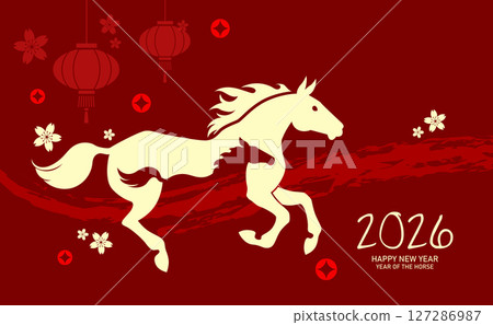Chinese year of the horse 2026 banner with horse and foal 127286987