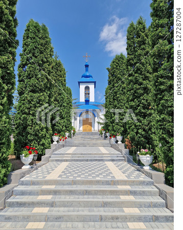 Ulmu Monastery of Saint Theodora of Sihla in Moldova. Christian Orthodox church with a distinctive architectural style traditional for eastern Europe culture 127287004