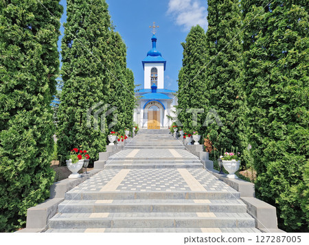 Ulmu Monastery of Saint Theodora of Sihla in Moldova. Christian Orthodox church with a distinctive architectural style traditional for eastern Europe culture Ulmu Monastery of Saint Theodora of Sihla in Moldova. Christian Orthodox church with a distinctive architectural style traditional for eastern Europe culture 127287005