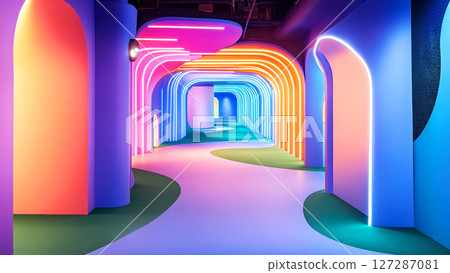 Futuristic tunnel illuminated by vibrant neon lights and colorful arches Futuristic tunnel illuminated by vibrant neon lights and colorful arches 127287081