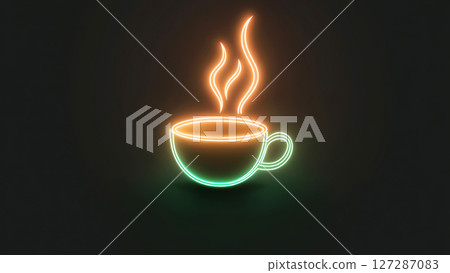 Bright neon coffee cup icon with steam on dark background 127287083