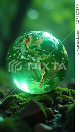 Glass glowing sphere of planet Earth in forest is a ball with an internal microclimate, a clean environment, protecting the ecology of the planet. AI generated 127287379