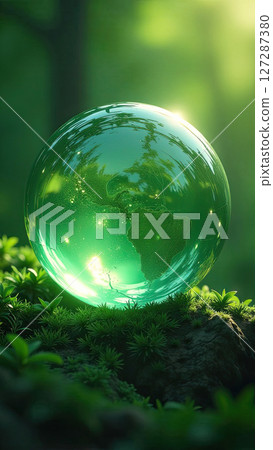 Glass glowing sphere of planet Earth in forest is a ball with an internal microclimate, a clean environment, protecting the ecology of the planet. AI generated 127287380
