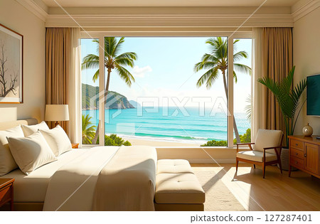 The interior of the hotel room with a view of the ocean for a beach holiday and travel. AI generated 127287401