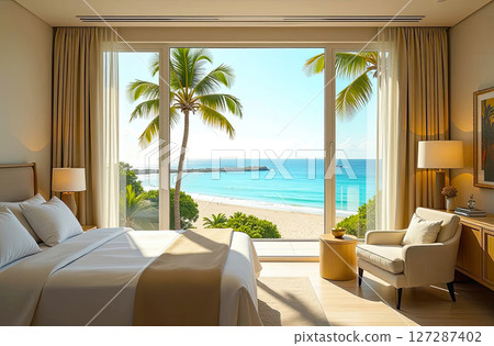 The interior of the hotel room with a view of the ocean for a beach holiday and travel. AI generated 127287402