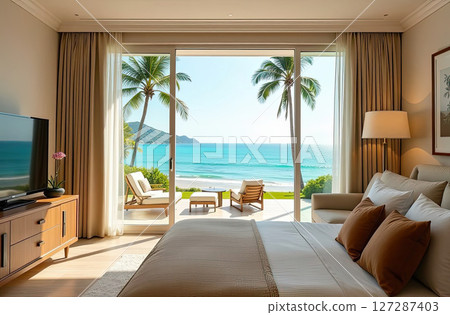 The interior of the hotel room with a view of the ocean for a beach holiday and travel. AI generated 127287403