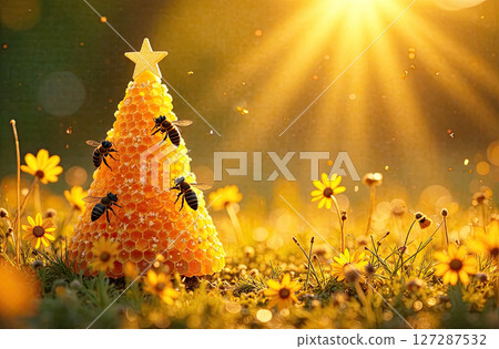 Honey in honeycombs in the shape of a cone of a Christmas tree with bees in a summer field in the sunlight. Beekeeping, Christmas, New Year. AI generated 127287532