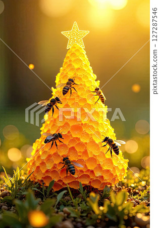 Honey in honeycombs in the shape of a cone of a Christmas tree with bees in a summer field in the sunlight. Beekeeping, Christmas, New Year. AI generated 127287546