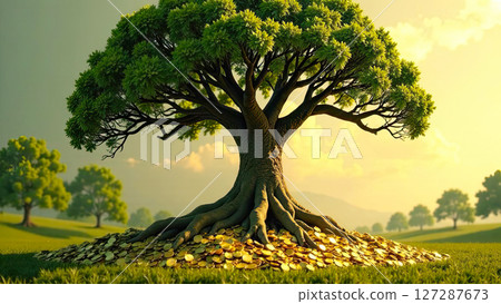 An adult green tree grows out of ground and gold coins on a nature background. Money Tree, Economics, finance, ecology, business, startup. AI generated 127287673