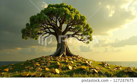 An adult green tree grows out of ground and gold coins on a nature background. Money Tree, Economics, finance, ecology, business, startup. AI generated 127287675