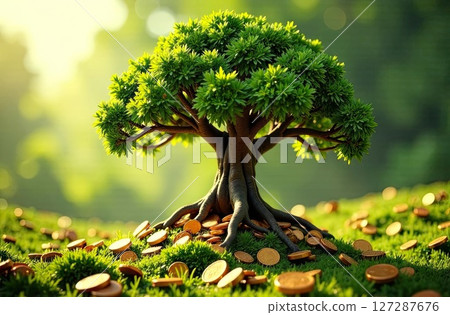 An adult green tree grows out of ground and gold coins on a nature background. Money Tree, Economics, finance, ecology, business, startup. AI generated 127287676