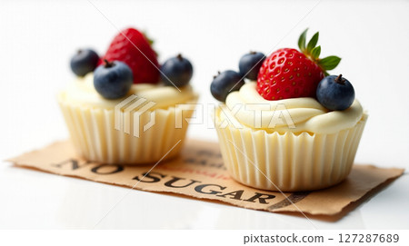 Two vanilla mousse cups are beautifully presented with strawberries and blueberries on top. Labeling indicates the dessert contains no sugar, perfect for health-conscious individuals. 127287689