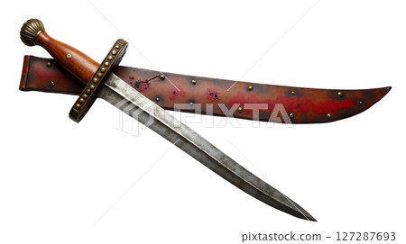 A Roman gladius sword features a short, double edged blade and a wooden hilt adorned with brass rivets. This weapon exemplifies ancient Roman craftsmanship and military history. A Roman gladius sword features a short, double edged blade and a wooden hilt adorned with brass rivets. This weapon exemplifies ancient Roman craftsmanship and military history. 127287693