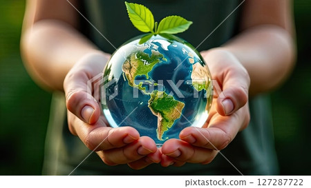 Glass glowing sphere of planet Earth with green plant sprout in children's hands, caring for planet, clean environment, protecting ecology, green planet. AI generated 127287722