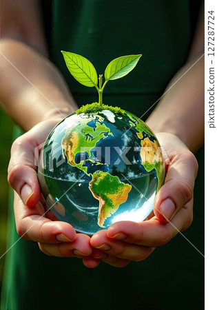 Glass glowing sphere of planet Earth with green plant sprout in children's hands, caring for planet, clean environment, protecting ecology, green planet. AI generated Glass glowing sphere of planet Earth with green plant sprout in children's hands, caring for planet, clean environment, protecting ecology, green planet. AI generated 127287724