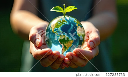 Glass glowing sphere of planet Earth with green plant sprout in children's hands, caring for planet, clean environment, protecting ecology, green planet. AI generated 127287733