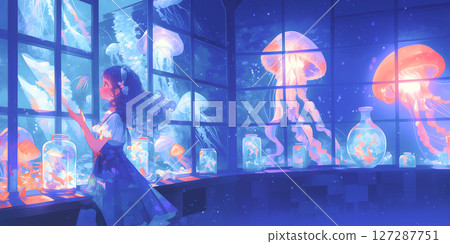 Girl immersed in an aquarium 127287751
