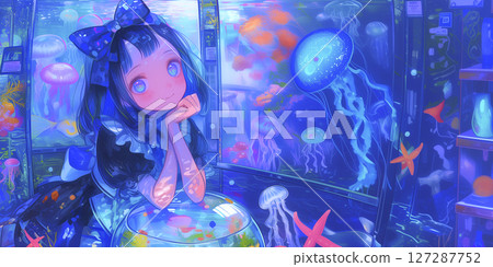 Girl immersed in an aquarium 127287752