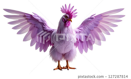 This Lavender Araucana chicken showcases its soft lavender feathers and fluffy beard while spreading its wings wide, revealing vibrant plumage. The distinctive tufts add to its charm. 127287814