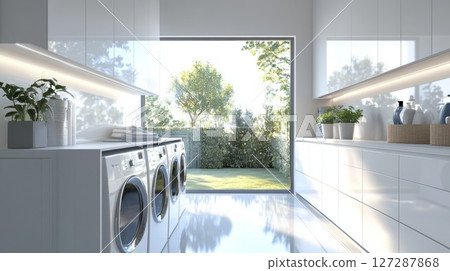 Modern Laundry Room with Large Window and Two Washing Machines 127287868