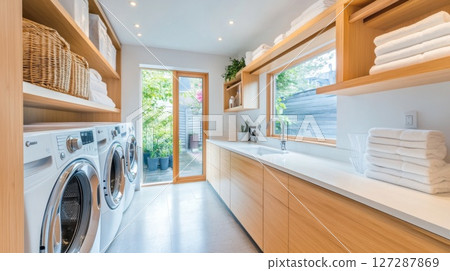 Modern Laundry Room with White Appliances and Wood Cabinets 127287869