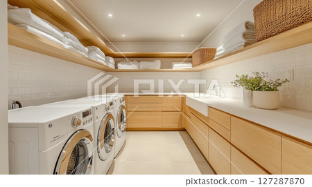 Modern Laundry Room with White Tile, Wooden Cabinets, and Washing Machines 127287870