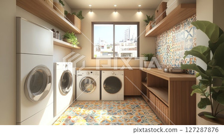 Modern Laundry Room with White Appliances and Colorful Tile Floor 127287876