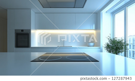 Modern Kitchen Countertop with Black Electric Stovetop and White Cabinets 127287943