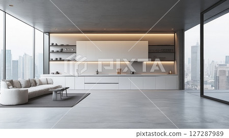 Modern Kitchen and Living Room with City Skyline View 127287989