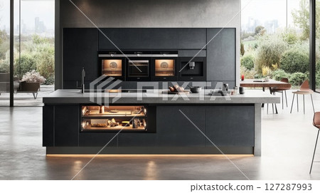 Modern Kitchen with Built-in Ovens and a Kitchen Island 127287993