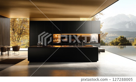 Modern Kitchen with Black Cabinets, Island, and a View of Mountains and a Pool 127288005