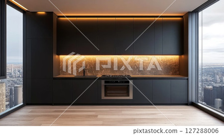 Modern Black Kitchen with City View and Under-Cabinet Lighting 127288006