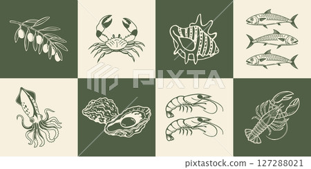 Collection of hand drawn posters with Italian food and summer elements. Oysters, seafood, olive, lobster. Mediterranean set. Line art style illustration. Collection of hand drawn posters with Italian food and summer elements. Oysters, seafood, olive, lobster. Mediterranean set. Line art style illustration. 127288021