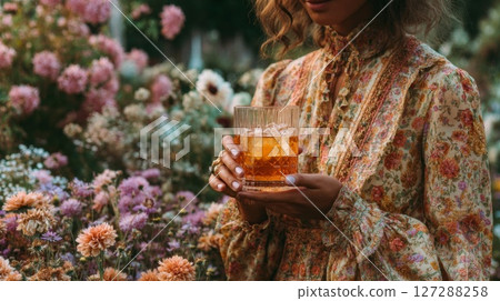 Woman in Floral Dress Holding Amber Cocktail in Garden 127288258