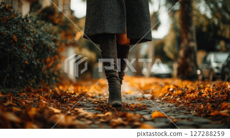 Woman in Grey Sparkly Coat and High Boots Walking on Autumn Leaves 127288259