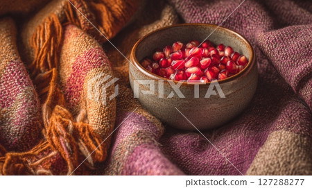 Pomegranate Seeds in Rustic Bowl on Woven Blanket 127288277